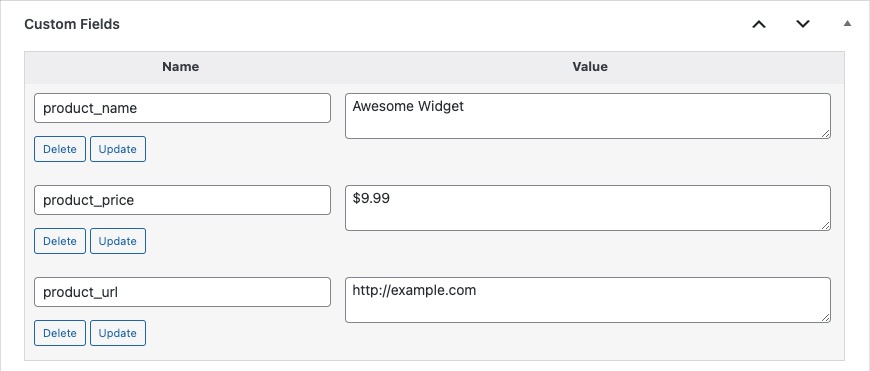 An example of our populated post meta fields